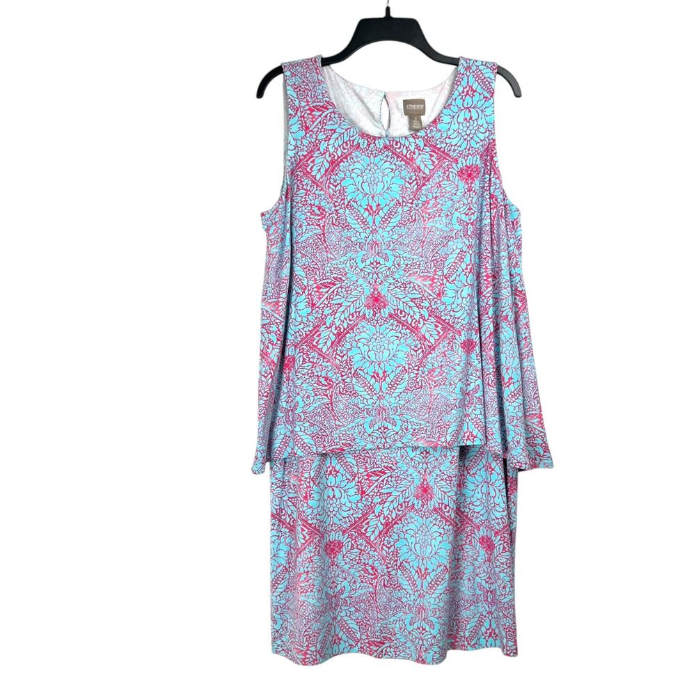 Chico's Women's Size 2 / Large Turquoise Pink Damask Sleeveless Overlay Dress